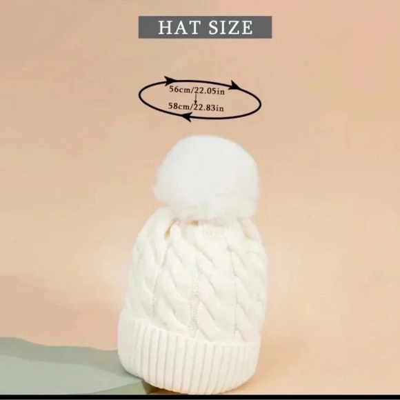 1 LEFT! Cable Knit Cream Beanie With Faux Fur Pom Hat - Picture 3 of 4